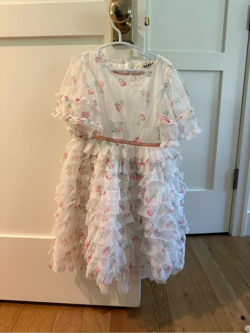 Mini Boden White Floral Ruffle Dress with Pink Roses